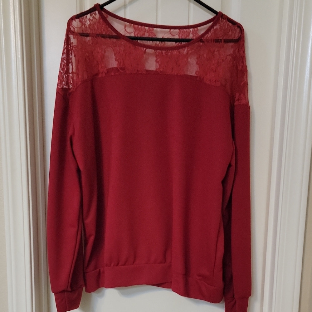 Shein Curve Red Top with Lace Accent